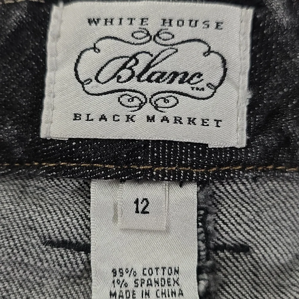 WHBM Black Faded Distressed Denim Jean Mini Skirt Embroidered Floral
